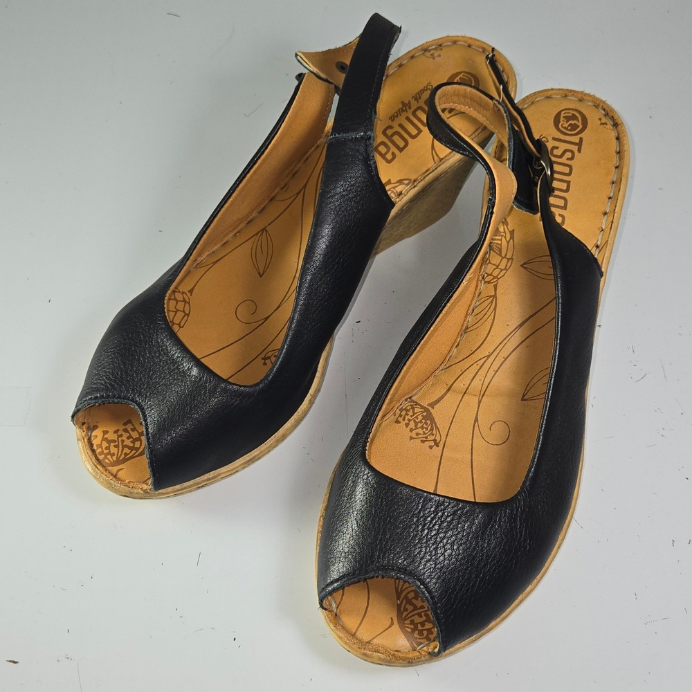 N0239 TSONGA Black Leather Peep‎ Toe Slingback Wedge 39 Handmade South Africa